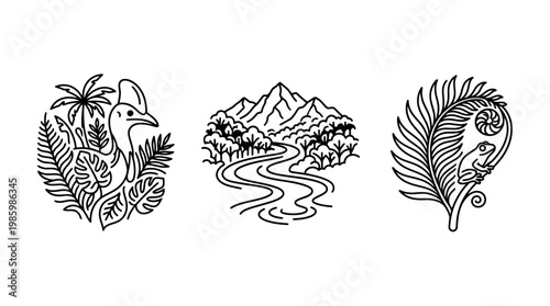 Minimalist Black and White Nature Icons Landscape and Wildlife