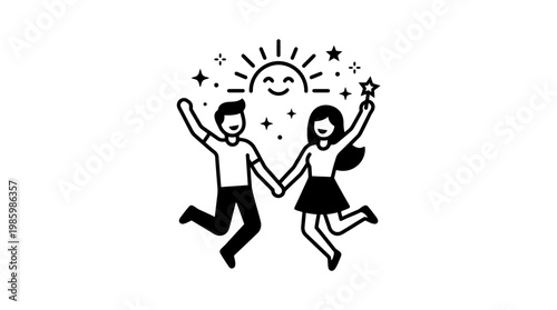 Happy Couple Jumping with Joy Under a Smiling Sun