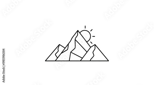 A minimalist line drawing depicts a sun rising over rugged mountains.