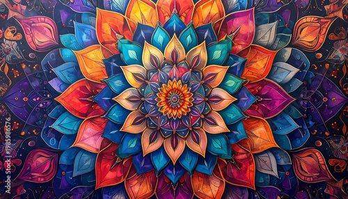 Vibrant Mandala Featuring Intricate Design and Multicolored Petals