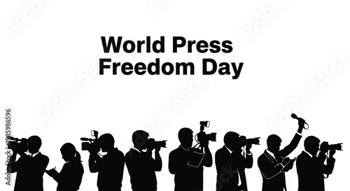 Silhouette vector illustration of professional journalists holding cameras and recording equipment for world press freedom day