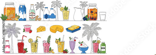 Vector Set of Tropical Beverages, Milk, Cheese, and Kefir with Palm Trees and Fruits for Summer, Refreshing Drinks, and Beverage Packaging Designs