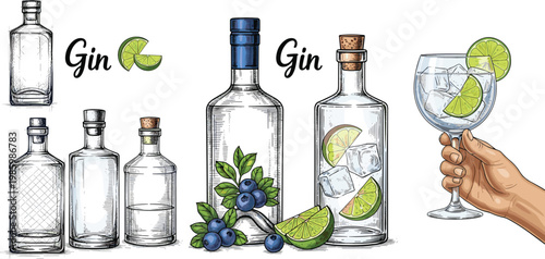 Hand Drawn Gin Bottle Collection with Lime Ice Blueberry and Hand Holding Cocktail Glass Vintage Sketch Vector Illustration Set
