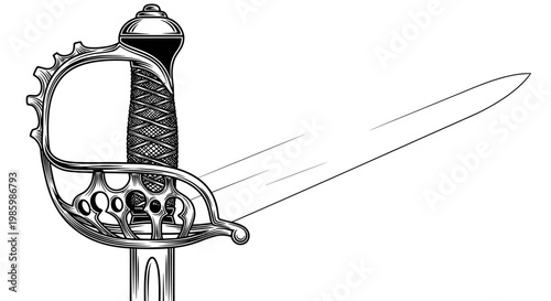 Detailed Ornate Hilt of a Historical Rapier Sword in Black Outline on Isolated White Background