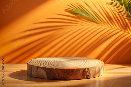 Wooden Slice Podium with Tropical Leaf Shadows on Orange Wall wood slice natural