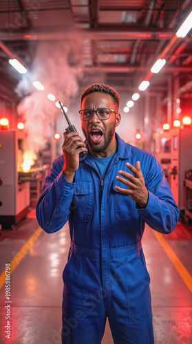 Factory supervisor shouting into walkie talkie during industrial emergency. Black male worker in blue jumpsuit reacting to fire and smoke in manufacturing plant.