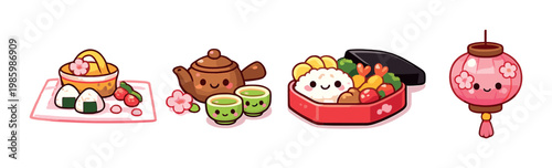Onigiri, teapot, bento box and picnic items on mat