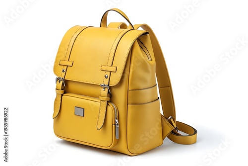 Yellow Leather Backpack with Buckle Closures on White Background accessory