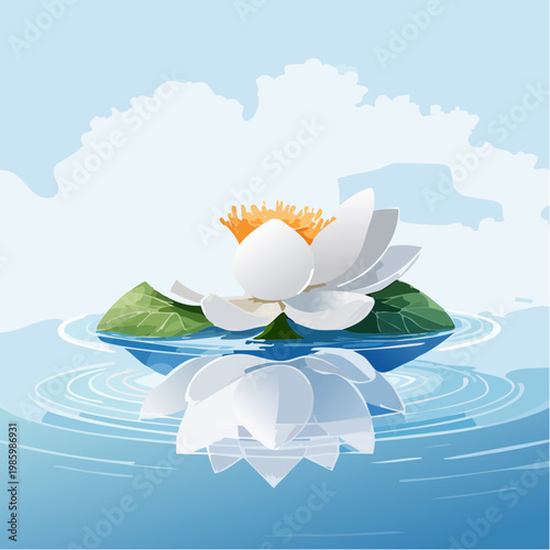 Eine minimalistische weiße Lotusblüte ruht ruhig auf spiegelglattem, stillem Wasser. 