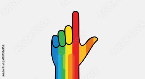 Hand with index finger pointing left in rainbow colors, symbolizing LGBT pride and diversity, on a bright studio background.
