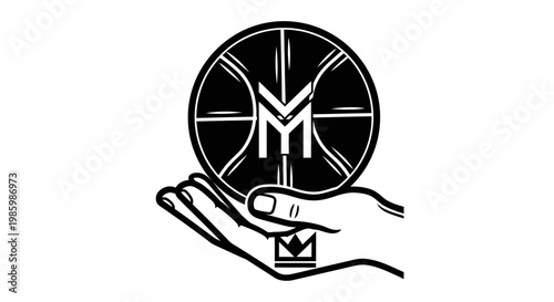 Hand Holding Cryptocurrency Coin with M Symbol Silhouette Icon Isolated White Background