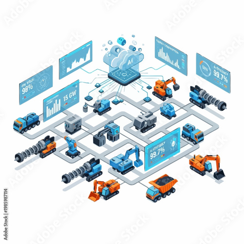 Construction Vehicles Connected to Cloud Data Analytics.