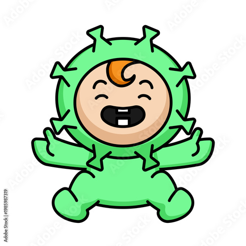 Illustration of mascot of cute kid with virus costume character design.