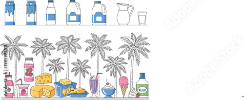 Vector Set of Dairy Products Including Milk, Butter, Ice Cream, and Kefir with Palm Trees for Tropical, Summer, and Beverage Packaging Designs