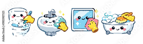 Toilet sink mirror and bathtub being cleaned on gray background