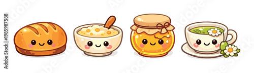 Bread loaf, porridge, honey jar and cup of tea on gray background