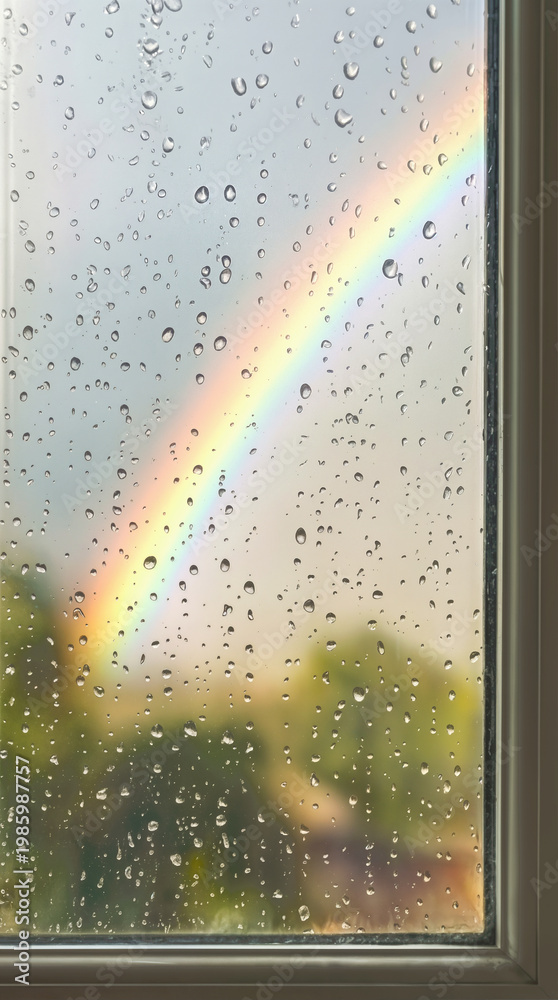 Fototapeta premium Rainbow visible through wet window glass covered in raindrops. Conceptual view of weather transition after rain.