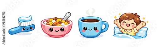 Toothbrush, cereal bowl, coffee mug and child waking in bed in morning