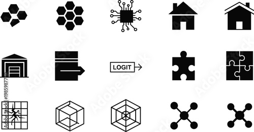 Miscellaneous abstract tech and architecture icon set featuring honeycomb patterns microchip houses garage puzzle pieces and geometric wireframe cubes