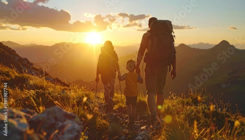 Family hiking adventure at sunset in the mountains.
