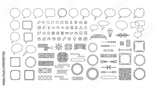 Collection of Graphical Elements: A comprehensive assortment of artistic elements ready to add a creative flair to your designs. Featuring speech bubbles, ornate frames, and decorative borders.