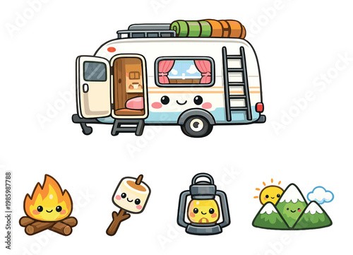 Caravan trailer with open door and camping icons on soft gradient