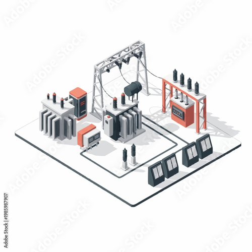Electrical substation with transformers and power lines isometric view.