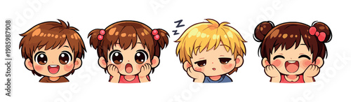 Four children with varied expressions on dark gradient background