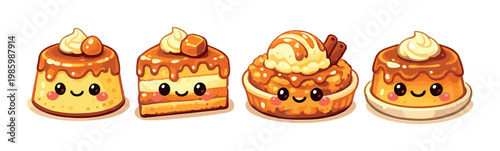 Four caramel puddings and a pie with ice cream on table