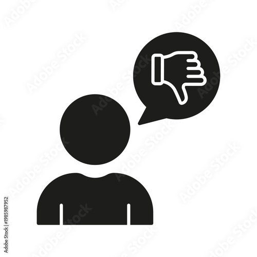 Person With Thumbs Down Speech Bubble Solid Icon. Negative Feedback, Disapproval, And Criticism Silhouette Symbol. Communication And Opinion Expression. Isolated Vector Illustration.