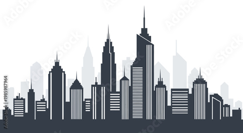 Modern cityscape silhouette with various tall buildings against a white background.