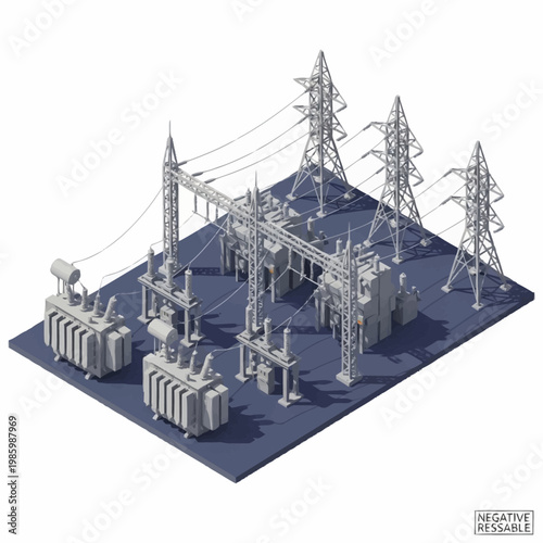 Electrical substation with transformers and power lines.