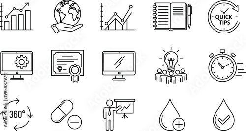 Professional business education and data analysis icon set featuring growth charts global solutions certifications technical support and creative team brainstorming
