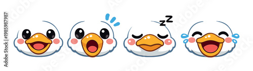 Four white bird faces showing different expressions on gray