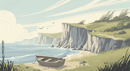 Serene Coastal Landscape with Beached Boat and Majestic Cliffs