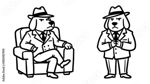 Black and White Line Art of Two Mafia Dogs in Suits and Hats
