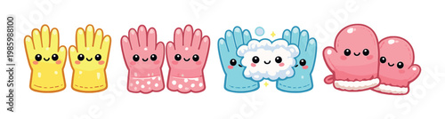 Four pairs of colorful gloves and mittens on gradient background