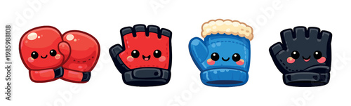 Four pairs of gloves including boxing and winter styles on gradient