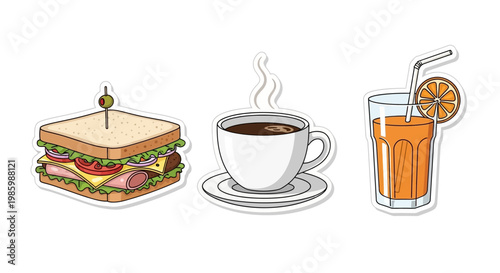 Vector illustration of breakfast stickers with a sandwich coffee and orange juice