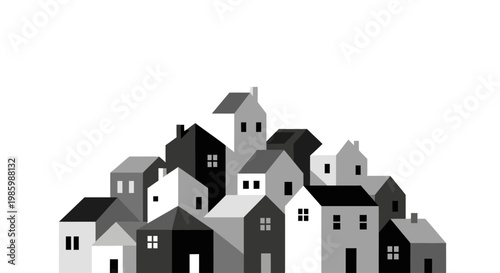 Minimalist black and white vector illustration of a cluster of houses.