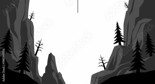 Minimalist mountain landscape with pine trees and rocky cliffs in flat vector style.
