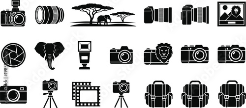Professional wildlife photography and safari icon set featuring cameras lenses tripods film strips elephant and lion silhouettes with bags