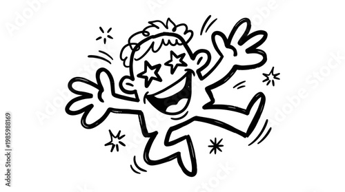 Excited Black and White Line Art Character Jumping with Stars