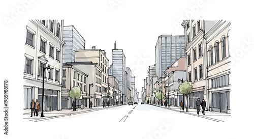 Hand drawn sketch of a busy city street with urban architecture and pedestrians.