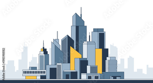 Modern city skyline with skyscrapers in flat vector illustration style