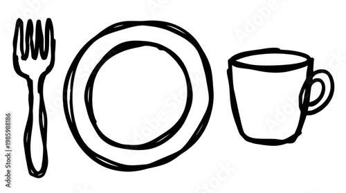 Black and White Line Art Fork Plate and Coffee Cup for Food Industry