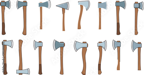 Axe collection with wooden handles and metal blades various tools for chopping wood forestry equipment vector illustration set
