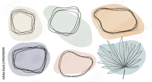 Collection of abstract organic frames and boho botanical line art elements on pastel backgrounds