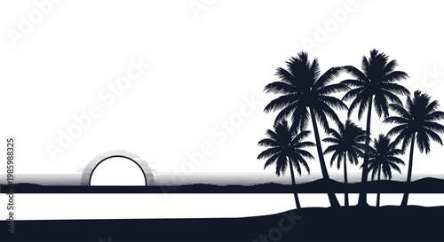 Tropical beach sunset with palm trees silhouette over the ocean.