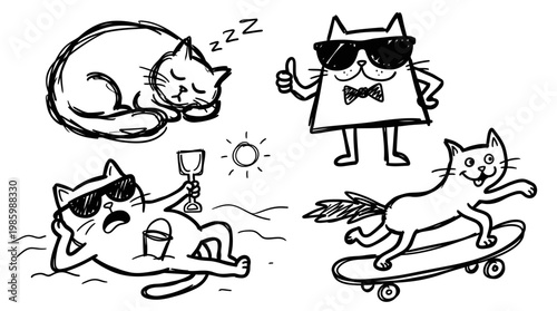 Whimsical Black and White Line Art Cats, Diverse Activities